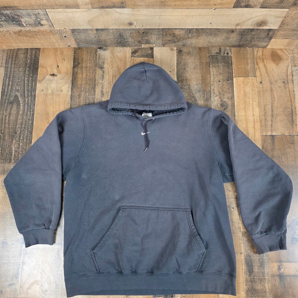 Nike‎ Silver Tag Center Swoosh Black Baggy Hoodie Pullover Men XL Vintage Y2K